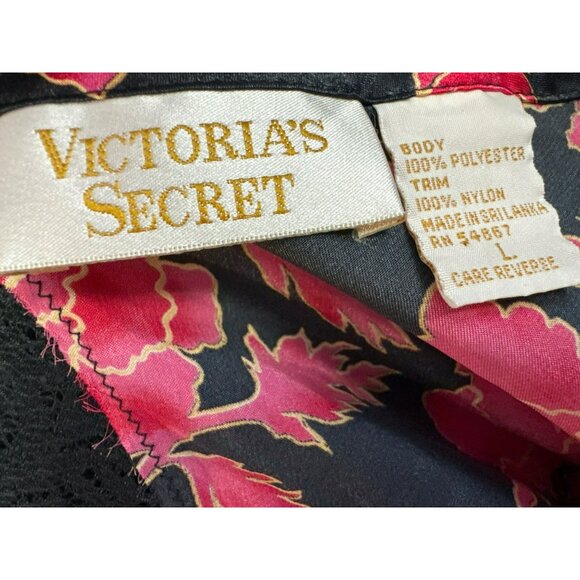Vintage Victorias Secret 2-Piece Red Black Floral Satin Robe Chemise Large 80s - Picture 6 of 8